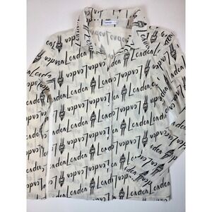 Valleygirl Top XL Sheer London Print Button Down Long Sleeve White Black Mesh